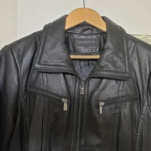 Womans black leather dress coat